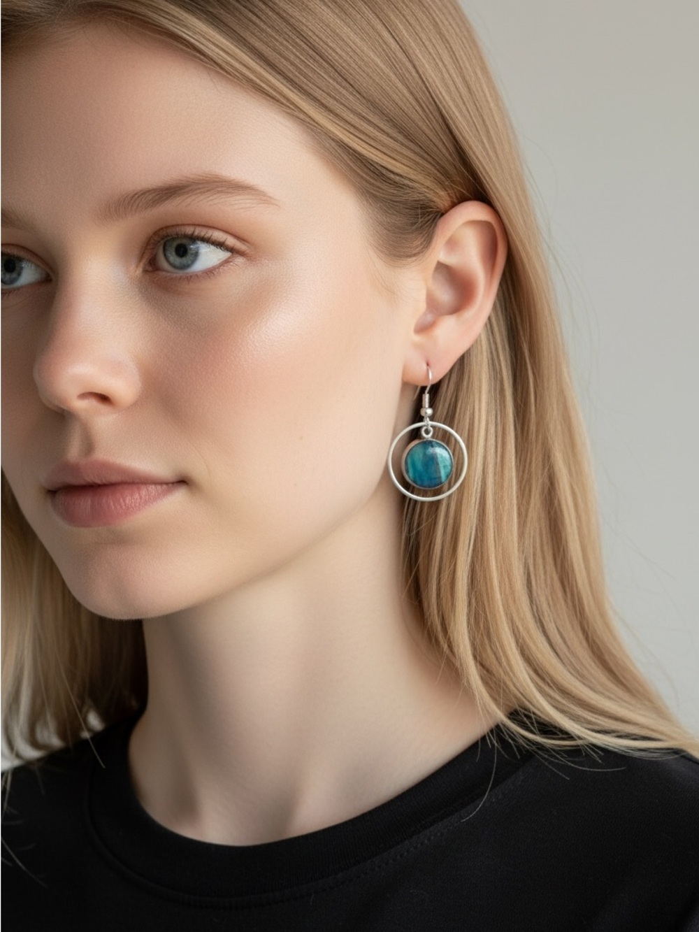 10/16 Silver Hoop Earrings with Blue Stone Pendant